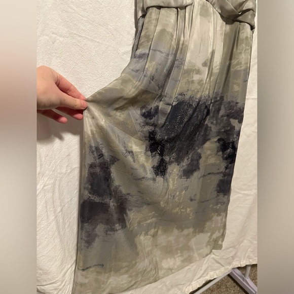 Fei Spaghetti Strap Olive Green Watercolor 100% Silk Mini Dress Size 8 - Picture 3 of 11